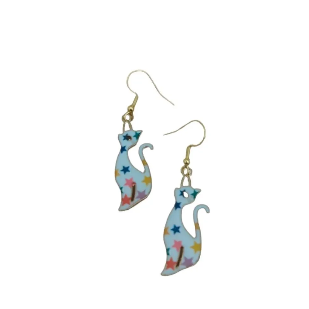 Cat Design Colorful Stars Pattern Kitty Earrings - Picture 2 of 7